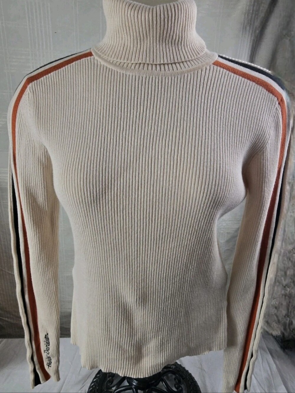 Y2K Harley Davidson Cream Turtleneck Ribbed Racing Stripe Knit Sweater  Womens S